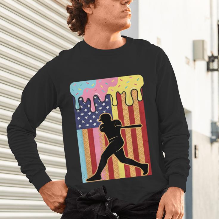 Retro Baseball Drip Boys Ice Cream Patriotic American Flag Unisex Long Sleeve T-Shirt