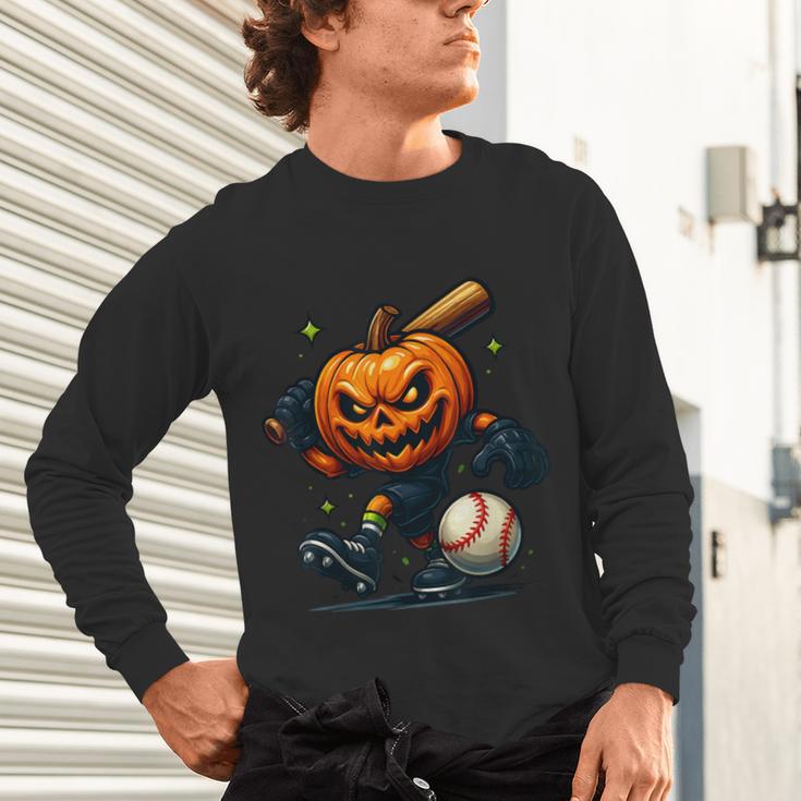 Spooky Halloween Scary Pumpkin Baseball Player Witchy Vibes Unisex Long Sleeve T-Shirt