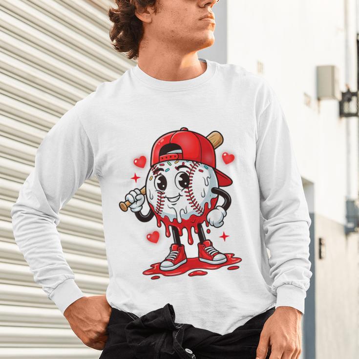 Baseball Ice Cream Valentine Dripping Game Day Men Boys Kids Unisex Long Sleeve T-Shirt