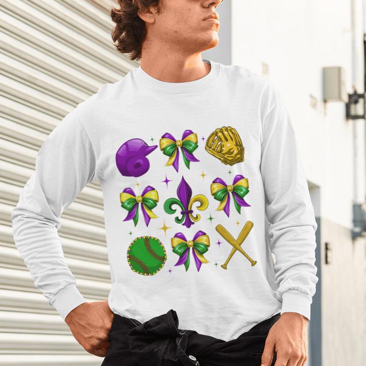 Mardi Gras Baseball Coquette Bow Fat Tuesday Parade Girls Unisex Long Sleeve T-Shirt Mardi Gras Baseball Coquette Bow Fat Tuesday Parade Girls Unisex Long Sleeve T-Shirt
