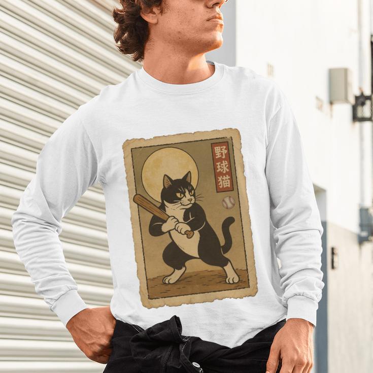 Vintage Japanese Ukiyo-e Baseball Cat Batting Unisex Long Sleeve T-Shirt