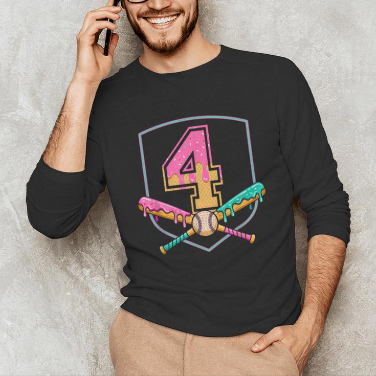 4th Birthday Baseball Bat Ice-Cream Drip 4yrs Old Boys Girls Unisex Long Sleeve T-Shirt