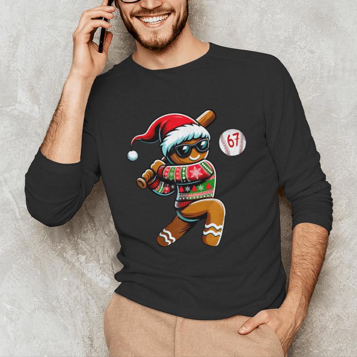 67 Gingerbread Man Playing Baseball Christmas 6 7 Meme Unisex Long Sleeve T-Shirt