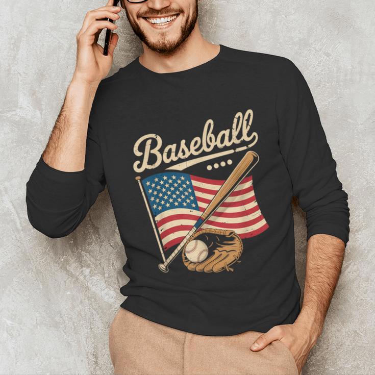 American Flag Baseball Player Bat Fan Catcher Pitcher USA Unisex Long Sleeve T-Shirt