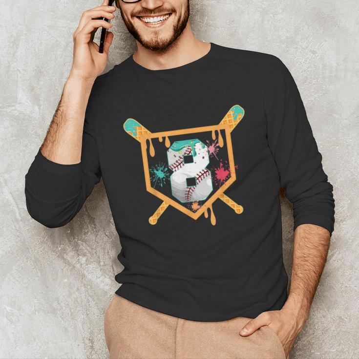 Baseball 8 Year Old Ice Cream Drip 8th Birthday Boy Number 8 Unisex Long Sleeve T-Shirt