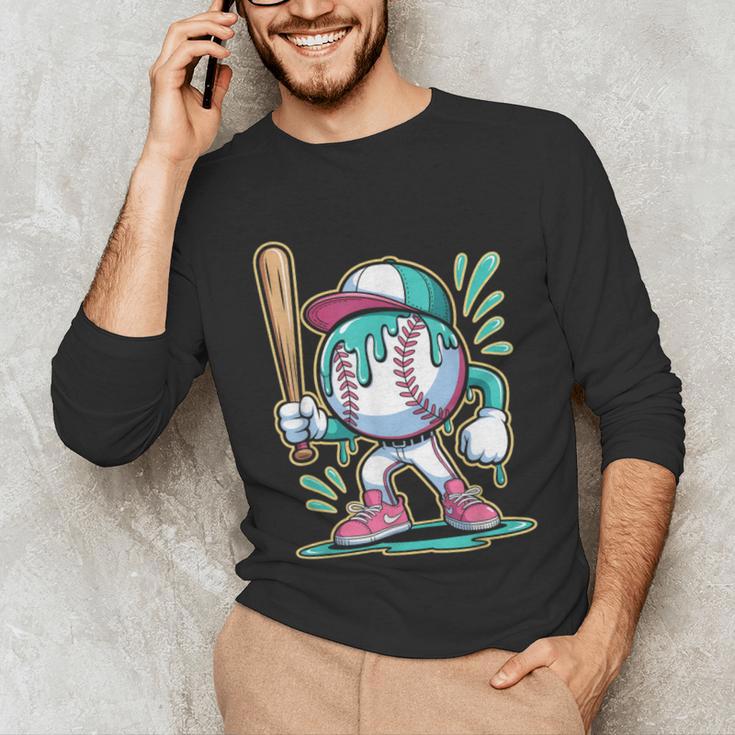 Baseball Character Cartoon Batter Drip Style Women Men Unisex Long Sleeve T-Shirt
