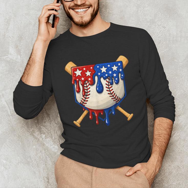 Baseball Drip American Flag Home Plate 4th Of July Patriotic Unisex Long Sleeve T-Shirt