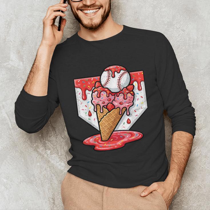 Baseball Ice Cream Drip Baseball Strawberry For Youth Red Unisex Long Sleeve T-Shirt