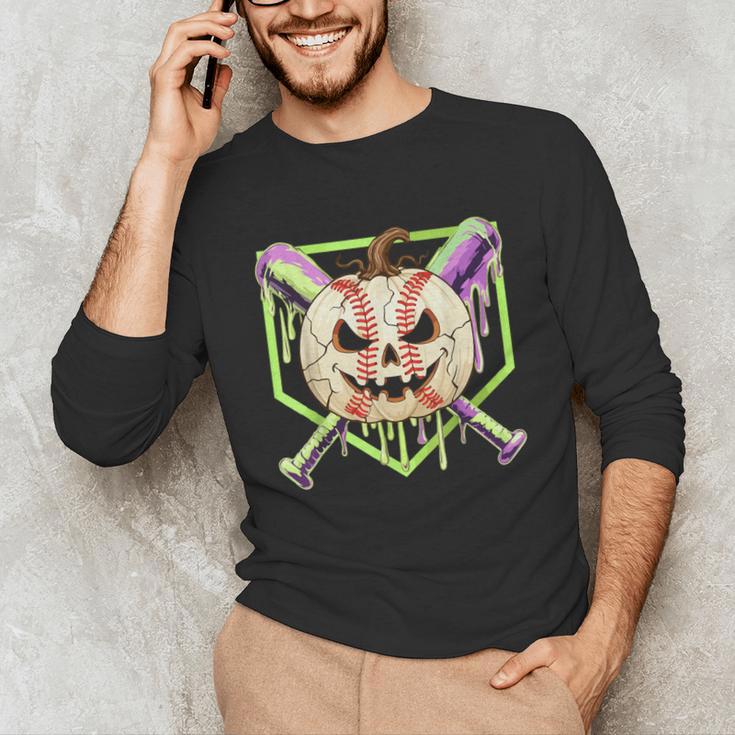 Baseball Pumpkin Halloween Baseball Drip Spooky Halloween Unisex Long Sleeve T-Shirt