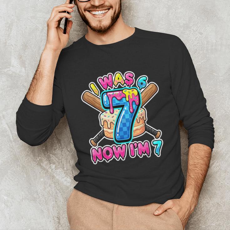 Blue Checkered I Was 6 Now I'm 7 Birthday Cake Baseball Drip Unisex Long Sleeve T-Shirt