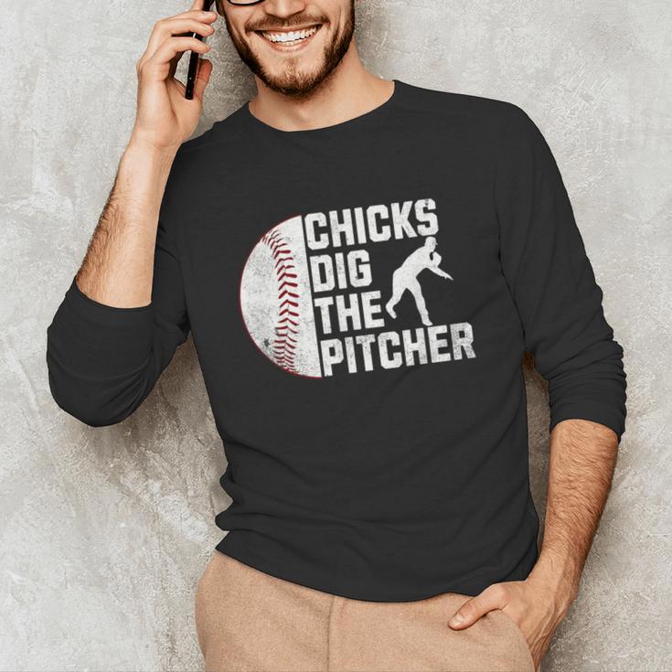 Chicks Dig The Pitcher Baseball Unisex Long Sleeve T-Shirt Chicks Dig The Pitcher Baseball Unisex Long Sleeve T-Shirt