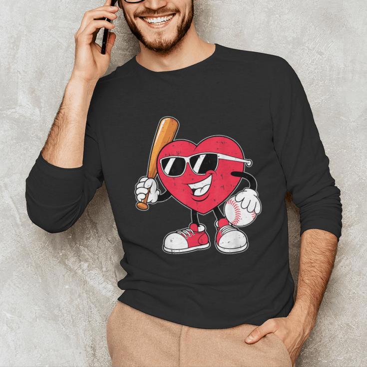Heart Play Baseball Valentine's Day Teens Boys Girls Kids Unisex Long Sleeve T-Shirt