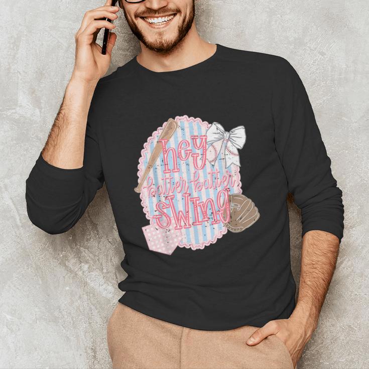 Hey Batter Batter Swing Baseball Game Day Coquette Bow Girly Unisex Long Sleeve T-Shirt Hey Batter Batter Swing Baseball Game Day Coquette Bow Girly Unisex Long Sleeve T-Shirt