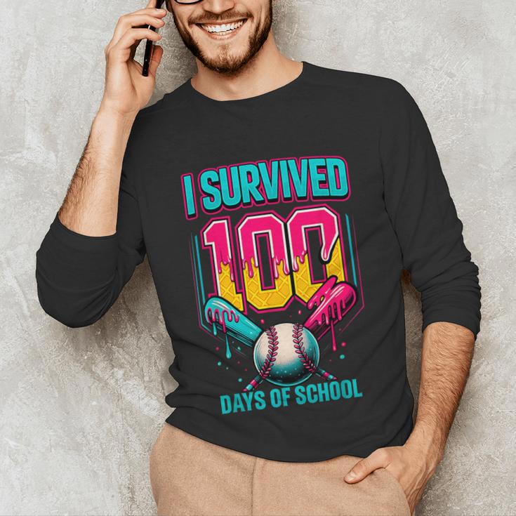 HUGvyn I Survived 100 Days Baseball Teacher Ice Cream Drip Unisex Long Sleeve T-Shirt