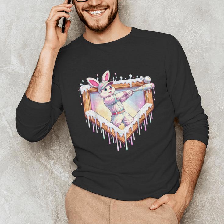 Kids Happy Easter Bunny Playing Baseball Boy Ice Cream Drip Unisex Long Sleeve T-Shirt