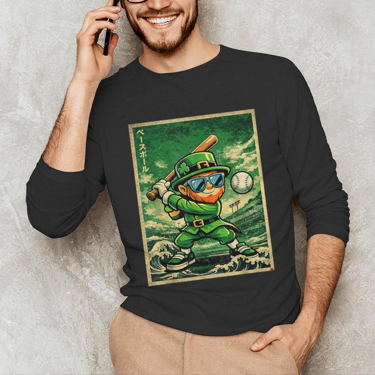 Leprechaun Playing Baseball Japanese Art St Patricks Day Unisex Long Sleeve T-Shirt