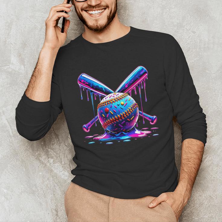 Neon Dripping Baseball And Bats Colorful Sports Art Unisex Long Sleeve T-Shirt Neon Dripping Baseball And Bats Colorful Sports Art Unisex Long Sleeve T-Shirt