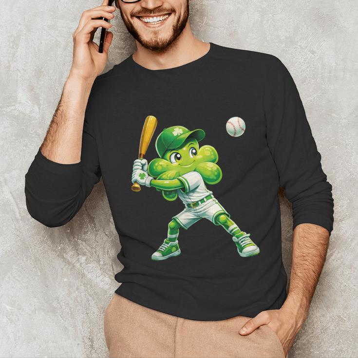 Shamrock Playing Baseball St Patricks Day Men Boys Kid Unisex Long Sleeve T-Shirt