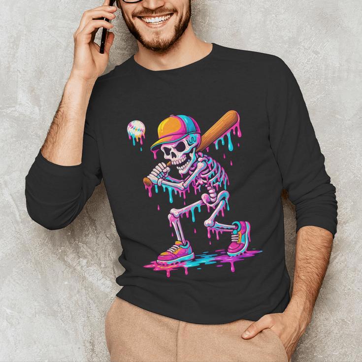 Skelton Playing Baseball Halloween Baseball Drip Boys Kids Unisex Long Sleeve T-Shirt