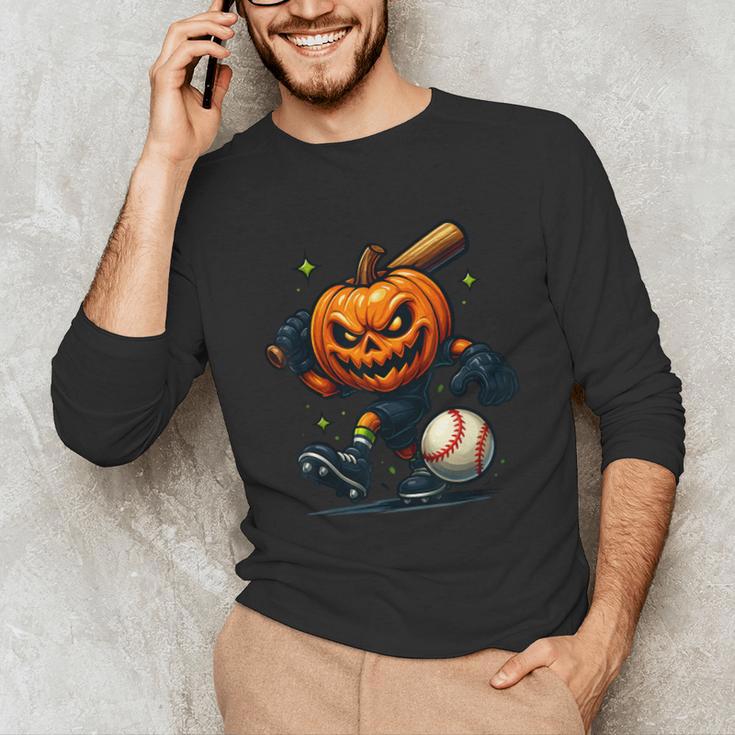 Spooky Halloween Scary Pumpkin Baseball Player Witchy Vibes Unisex Long Sleeve T-Shirt