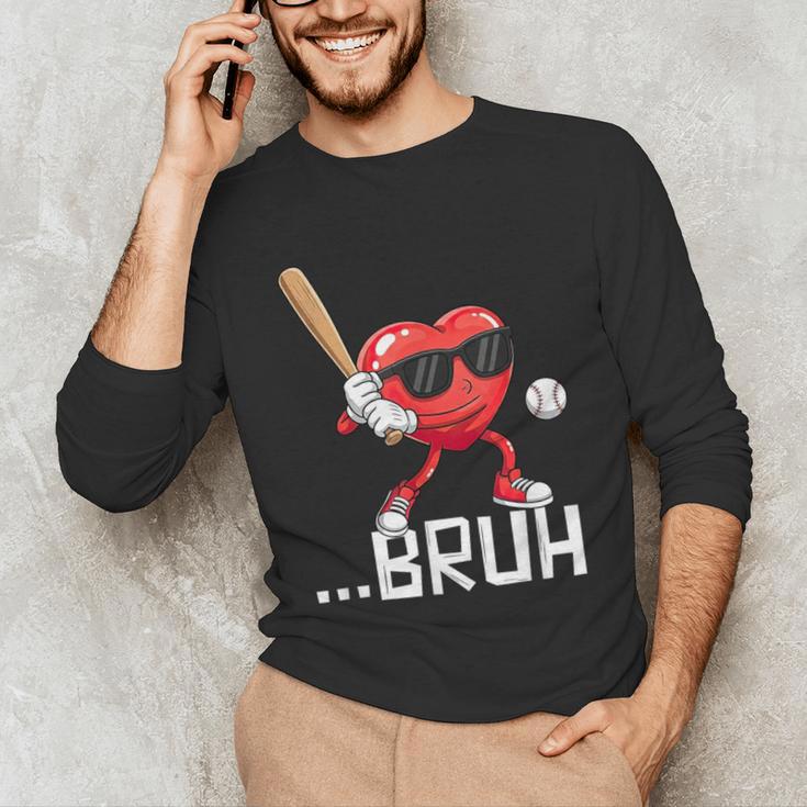 Valentines Bruh Red Heart Playing Baseball Men Boys Kids Unisex Long Sleeve T-Shirt