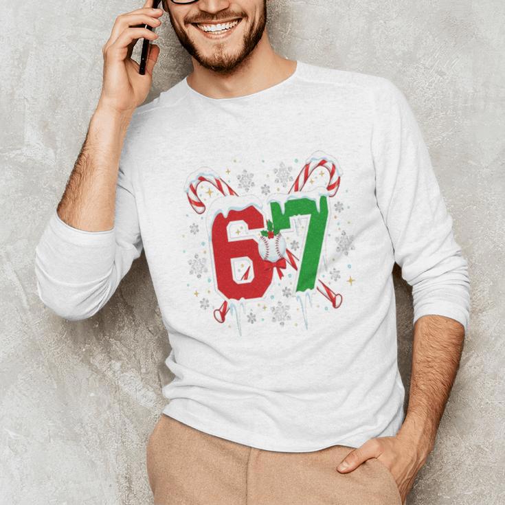 67 Baseball Christmas Candy Cane Snowflake Holiday Sports Unisex Long Sleeve T-Shirt