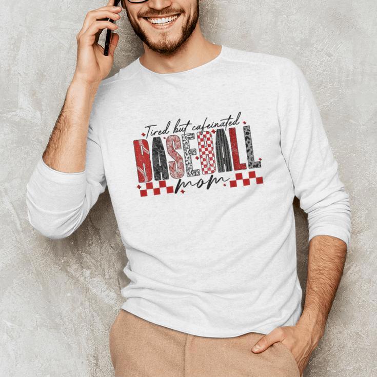 Retro Checkered Tired But Caffeinated Baseball Mom Leopard Unisex Long Sleeve T-Shirt