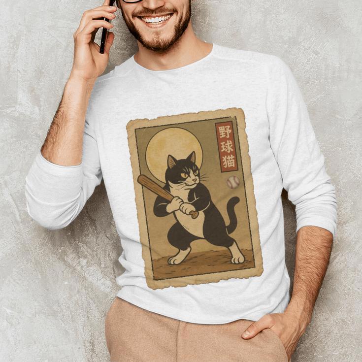 Vintage Japanese Ukiyo-e Baseball Cat Batting Unisex Long Sleeve T-Shirt