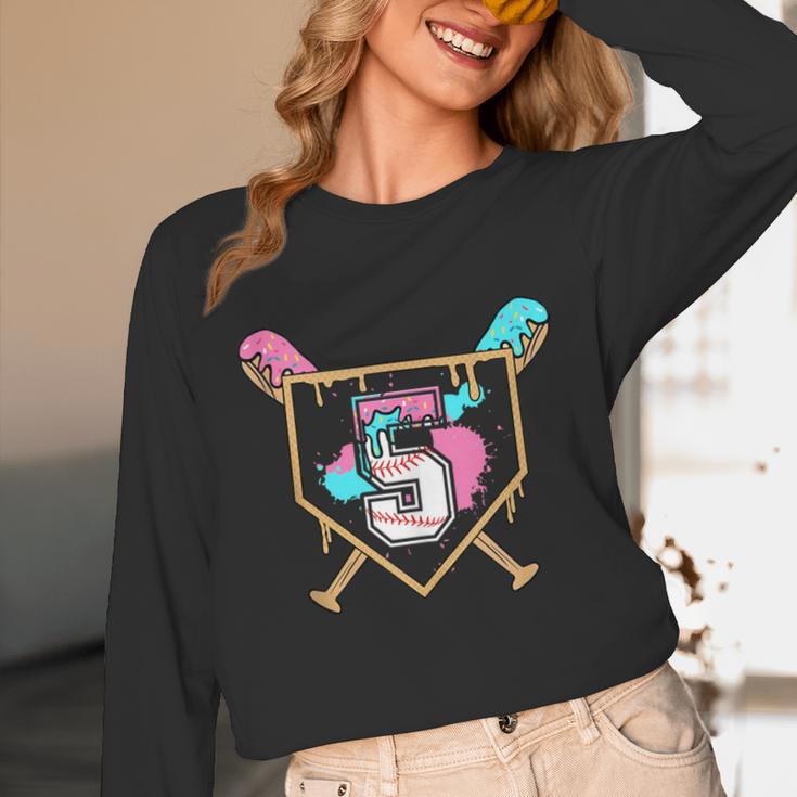 5th Fifth Birthday Baseball Bat Ice-Cream Drip 5yrs Old Boys Unisex Long Sleeve T-Shirt
