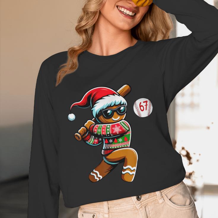 67 Gingerbread Man Playing Baseball Christmas 6 7 Meme Unisex Long Sleeve T-Shirt