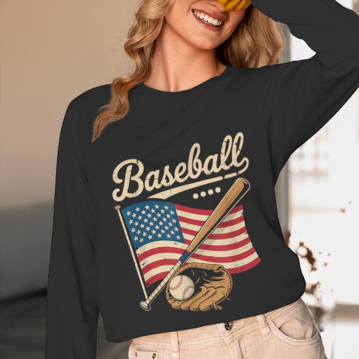 American Flag Baseball Player Bat Fan Catcher Pitcher USA Unisex Long Sleeve T-Shirt