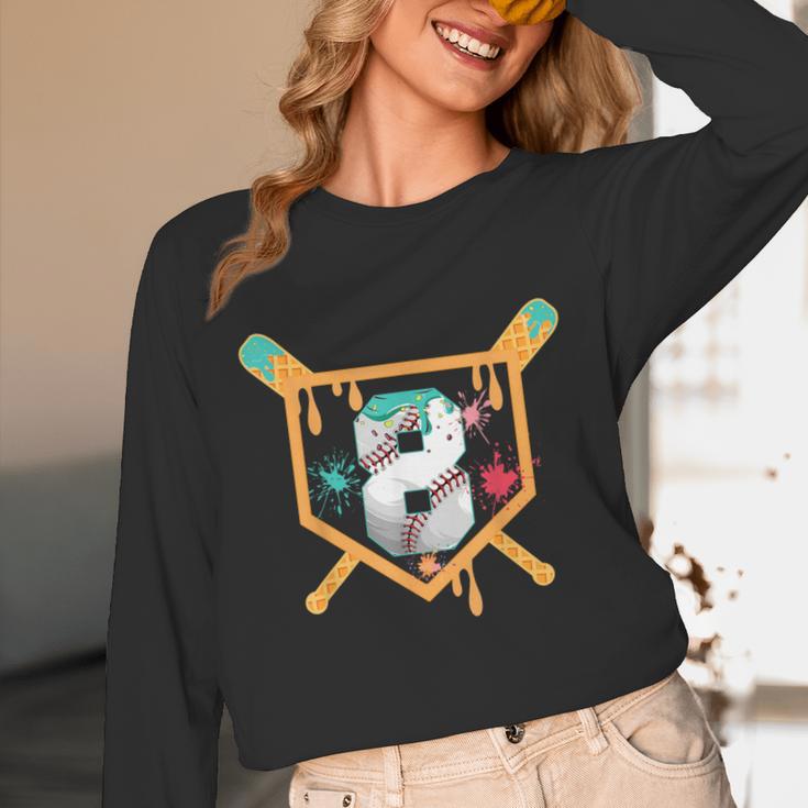 Baseball 8 Year Old Ice Cream Drip 8th Birthday Boy Number 8 Unisex Long Sleeve T-Shirt