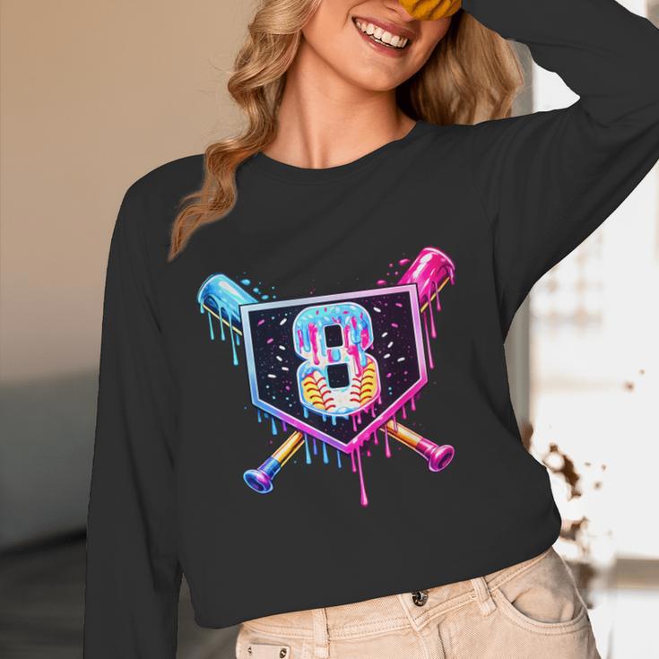 Baseball 8 Year Old Ice Cream Drip 8th Birthday Party Unisex Long Sleeve T-Shirt