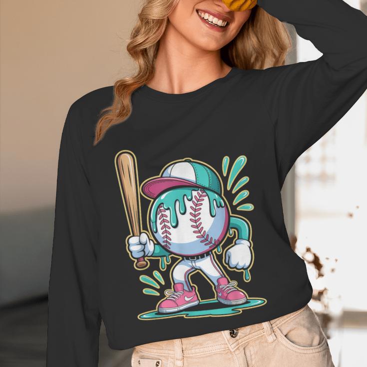 Baseball Character Cartoon Batter Drip Style Women Men Unisex Long Sleeve T-Shirt