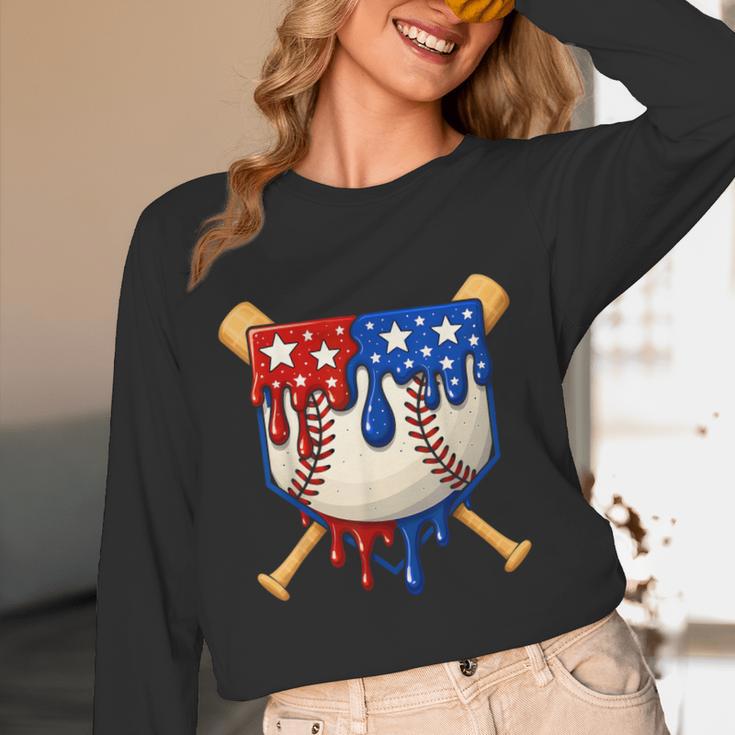 Baseball Drip American Flag Home Plate 4th Of July Patriotic Unisex Long Sleeve T-Shirt