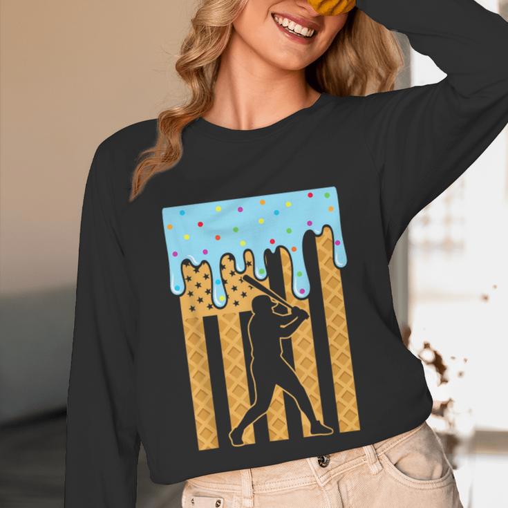 Baseball Drip Dripping Ice Cream Sport Player American Flag Unisex Long Sleeve T-Shirt