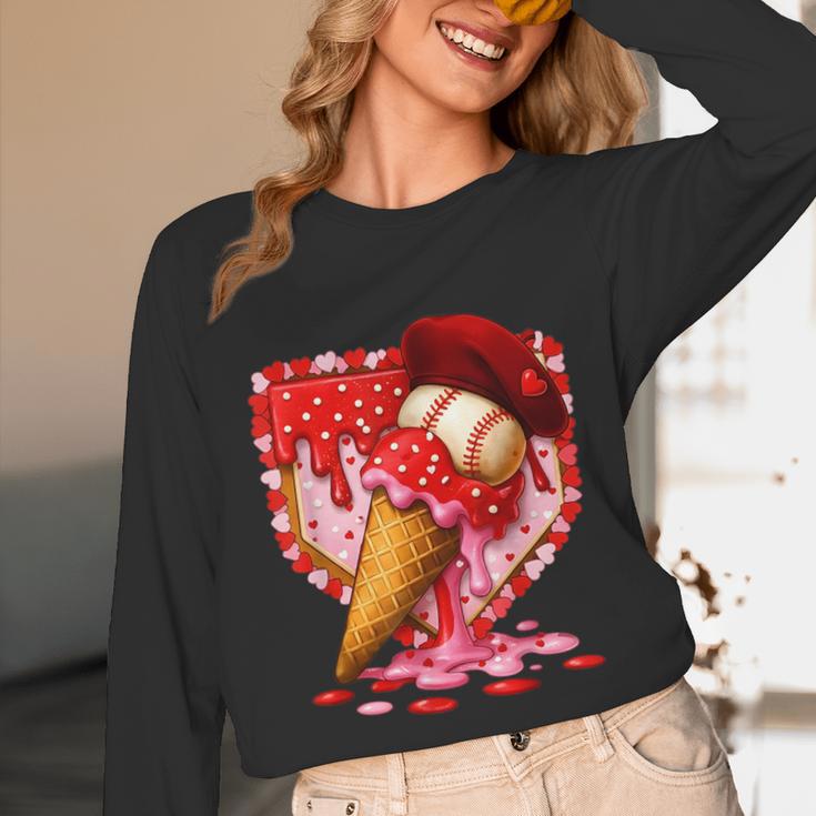 Baseball Heart Valentine Baseball Ice Cream Drip Boys Girls Unisex Long Sleeve T-Shirt