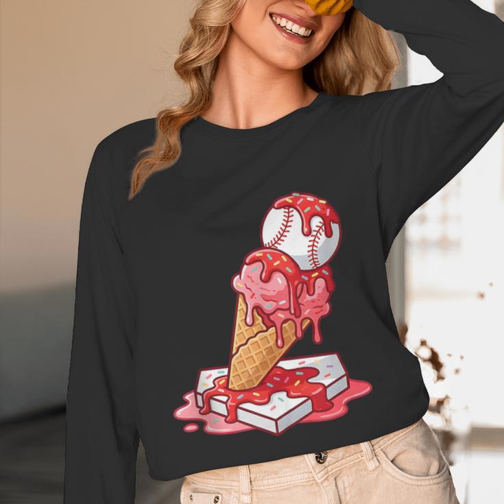 Baseball Ice Cream Drip Youth Strawberry Baseball Red Unisex Long Sleeve T-Shirt