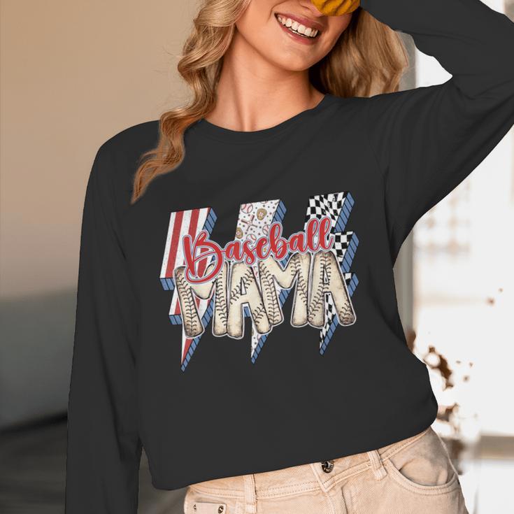 Baseball Mama Lightning Bolt Checkered Varsity Mother's Day Unisex Long Sleeve T-Shirt