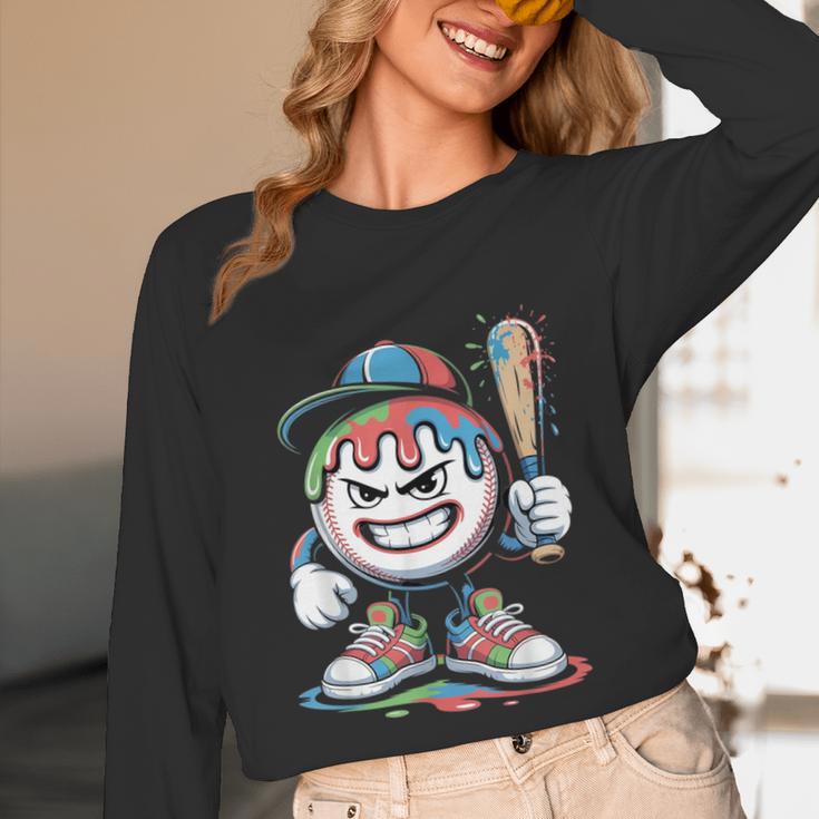 Baseball Mascot Attitude Graffiti Splash Bat Cap Unisex Long Sleeve T-Shirt Baseball Mascot Attitude Graffiti Splash Bat Cap Unisex Long Sleeve T-Shirt