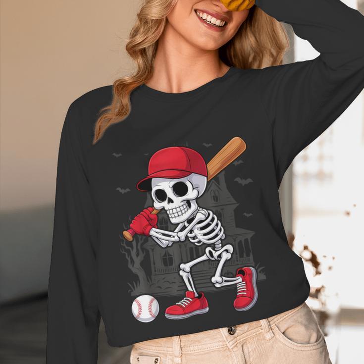 Baseball Skeleton Halloween Playing Unisex Long Sleeve T-Shirt Baseball Skeleton Halloween Playing Unisex Long Sleeve T-Shirt