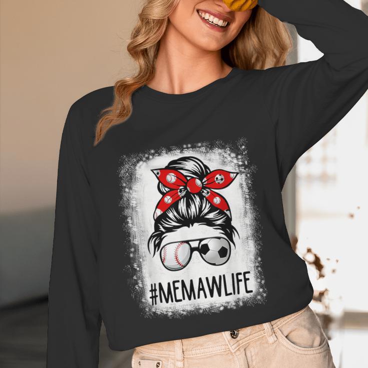 Bleached Memaw Life Soccer Messy Bun Baseball Game Day Unisex Long Sleeve T-Shirt