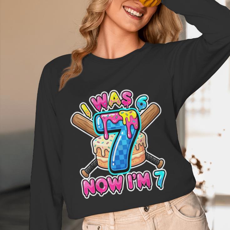 Blue Checkered I Was 6 Now I'm 7 Birthday Cake Baseball Drip Unisex Long Sleeve T-Shirt