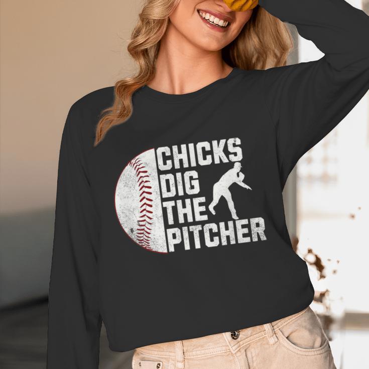 Chicks Dig The Pitcher Baseball Unisex Long Sleeve T-Shirt Chicks Dig The Pitcher Baseball Unisex Long Sleeve T-Shirt