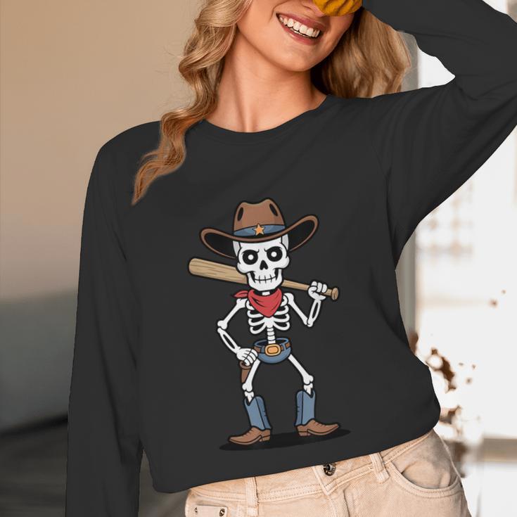 Cowboy Skeleton Baseball Halloween Graphic Unisex Long Sleeve T-Shirt Cowboy Skeleton Baseball Halloween Graphic Unisex Long Sleeve T-Shirt