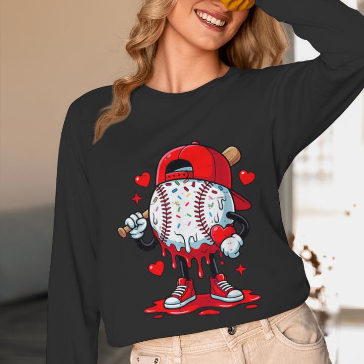 Cute Game Day Baseball Ice Cream Drip Valentine Love XOXO Unisex Long Sleeve T-Shirt