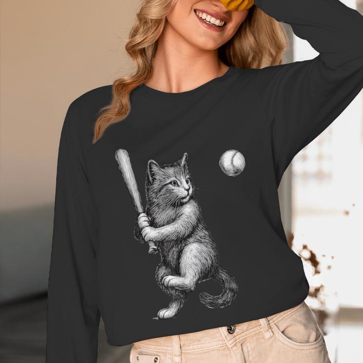 Cute Kitten Playing Baseball Hitter Bat Cool Baseball Cat Unisex Long Sleeve T-Shirt Cute Kitten Playing Baseball Hitter Bat Cool Baseball Cat Unisex Long Sleeve T-Shirt