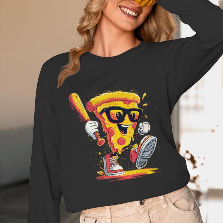 Drippy Pizza Baseball Slice Cartoon Sports Food Unisex Long Sleeve T-Shirt