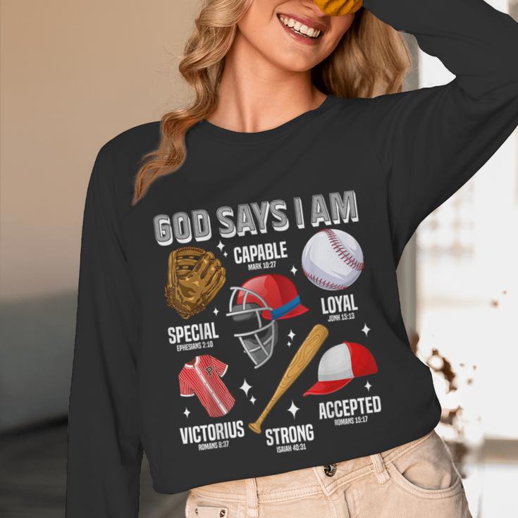 God Says I Am Baseball Player Catcher Pitcher Boys Men Unisex Long Sleeve T-Shirt God Says I Am Baseball Player Catcher Pitcher Boys Men Unisex Long Sleeve T-Shirt