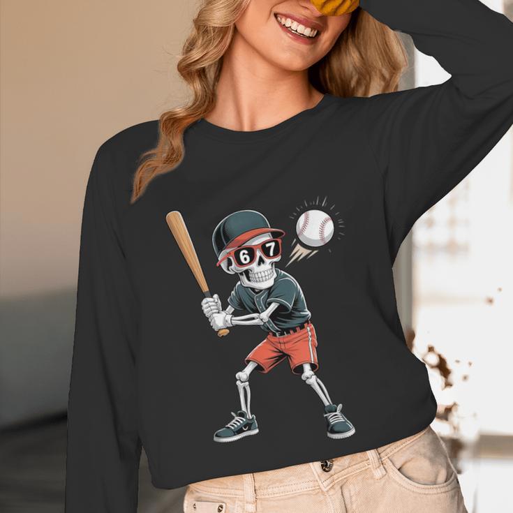 Halloween Skeleton Playing Baseball 67 Six Seven Meme Unisex Long Sleeve T-Shirt